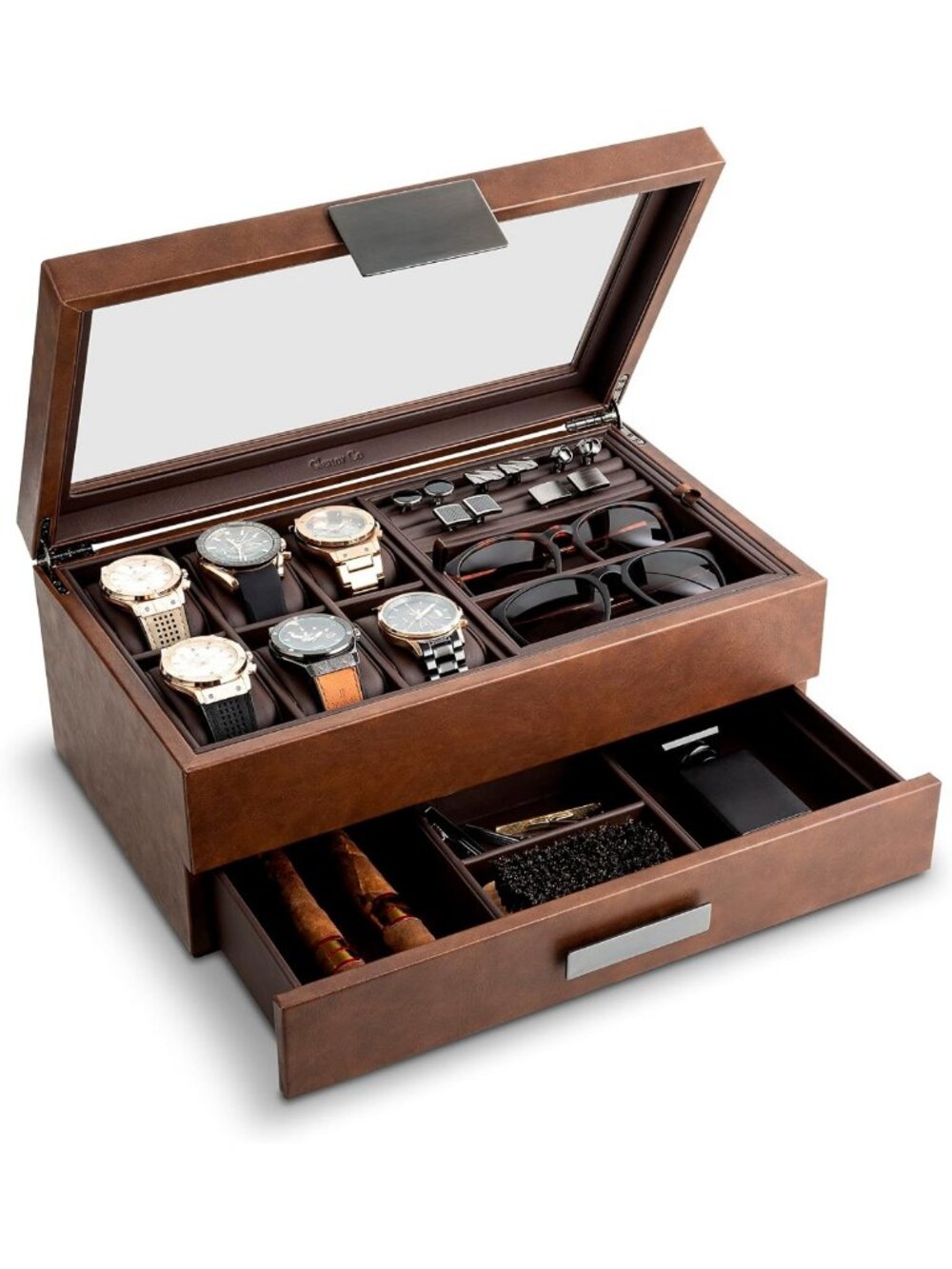 Stylish Men's Jewelry Box - Holds 6 Watches, 12 Cufflinks, Sunglasses & Drawer
